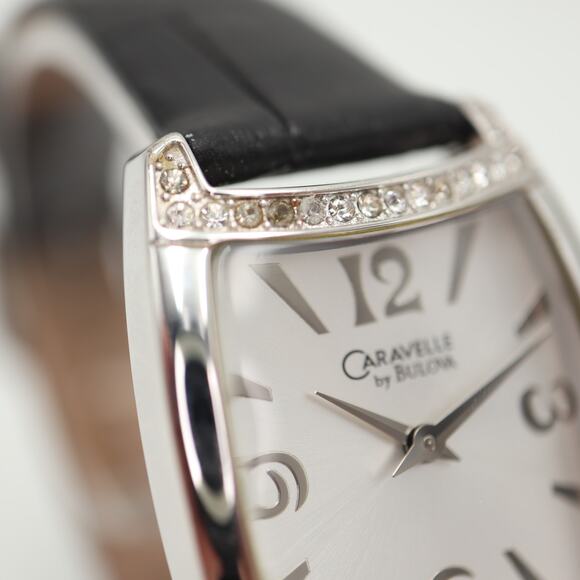 Caravelle by Bulova Silver Tone Watch 27mm Barrel Black Leather w New Battery - Picture 7 of 16